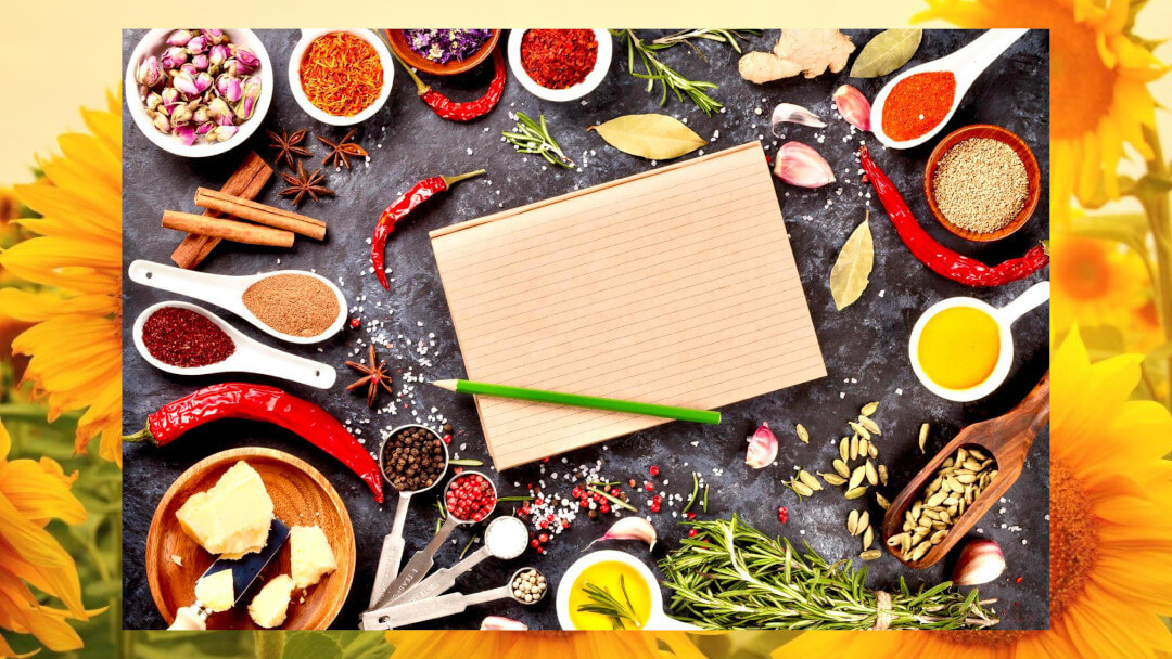 An image of food and spices commonly used for recipes on a blog